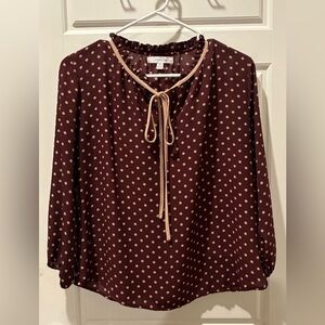 Elegant Burgundy Polka Dot Blouse with Tie Neck